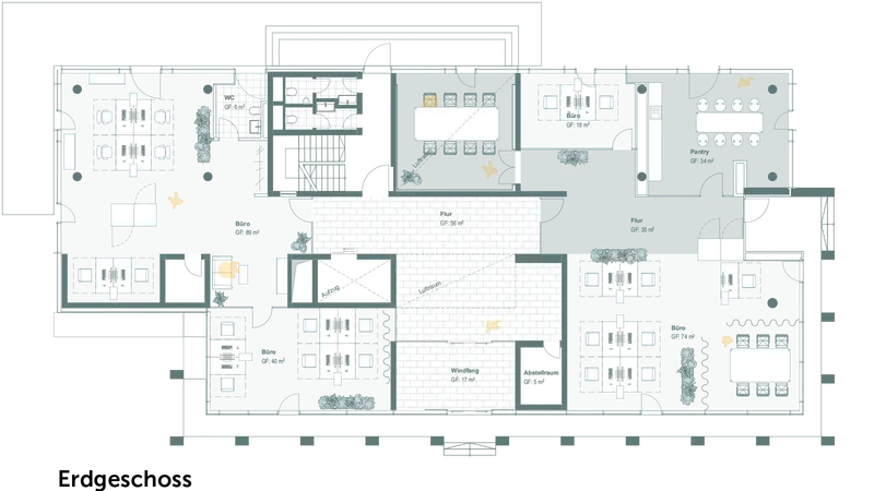 Der Grundriss zeigt ein modernes Raumlayout mit mehreren Arbeitsplätzen und Gemeinschaftsbereichen im Hauas H.