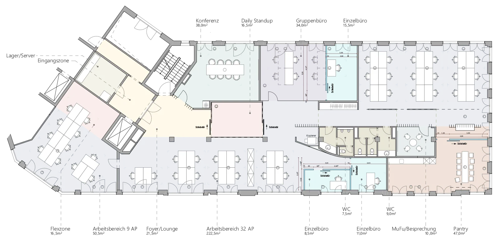 Grundriss von Büroflächen im Haus B, Westend Ottensen, Hamburg, zeigt moderne Arbeitsbereiche und Besprechungsräume.