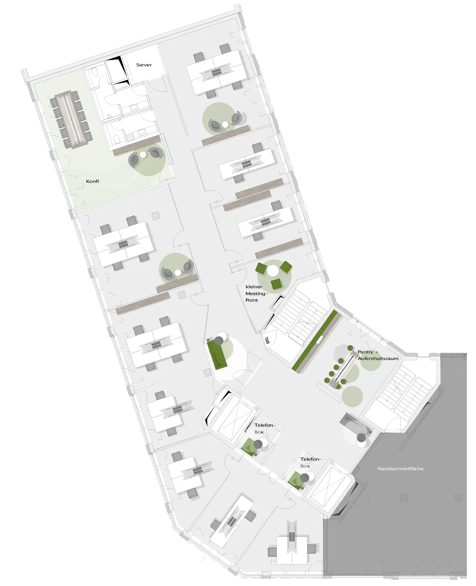 Der Grundriss von Haus B zeigt moderne Büroflächen in Westend Ottensen, Hamburg, mit effizienten Arbeitsbereichen und Gemeinschaftsräumen.
